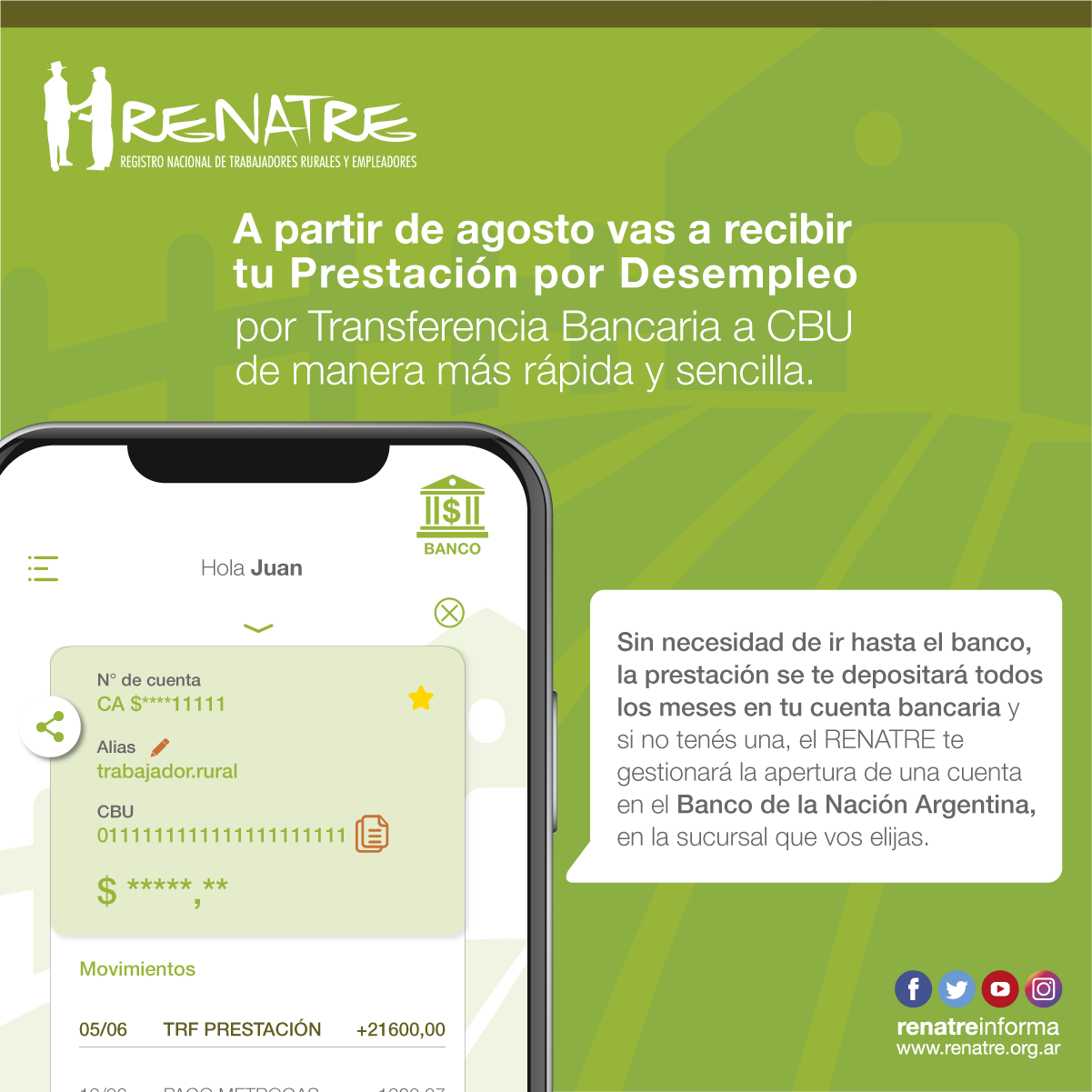 A partir de agosto la prestación por desempleo sólo podrá cobrarse por transferencia bancaria mediante CBU