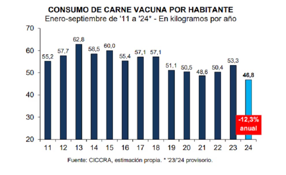 El consumo de carne vacuna cayó al nivel más bajo de los últimos 26 años en Argentina